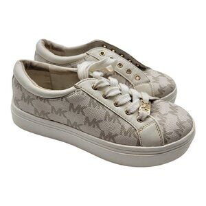 Michael Kors Girl's Keaton Laces Sneakers White And Beige/Brown MK Print Sz 1